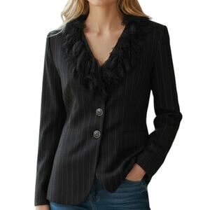 Pamela Vanderlinde Zone Blazer Jacket Sz 8 Black Pinstriped Tulle Ruffled neck